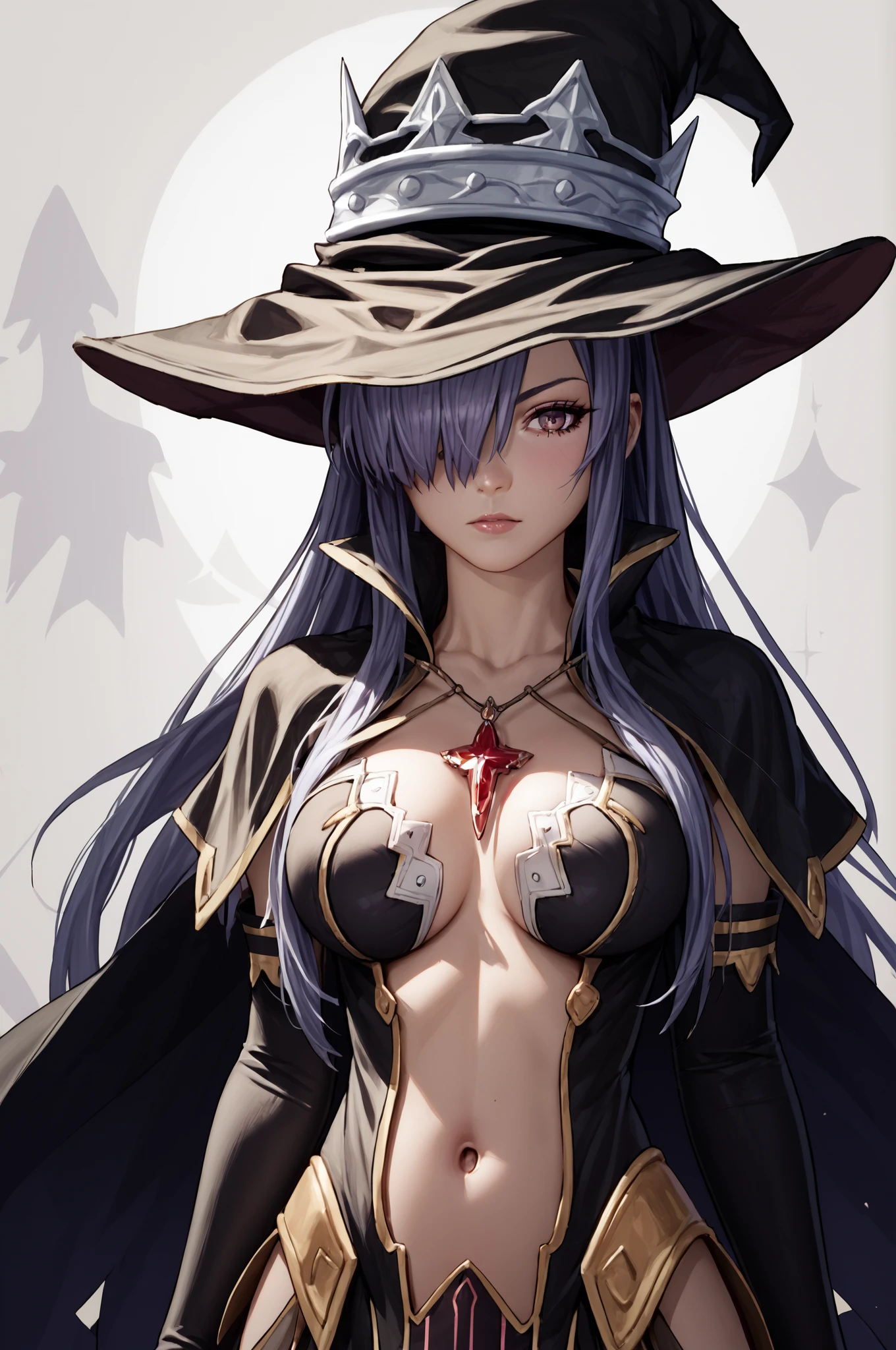 score_9, score_8_up, score_7_up, score_6_up, score_5_up, score_4_up, <lora:Fatima_epoch_8:0.99> fatima_\(luminous_arc\), witch_hat, fati_dress, long_hair, hair_over_one_eye, navel, elbow_gloves, black_cape, necklace, , (high quality, detailed, beautiful)