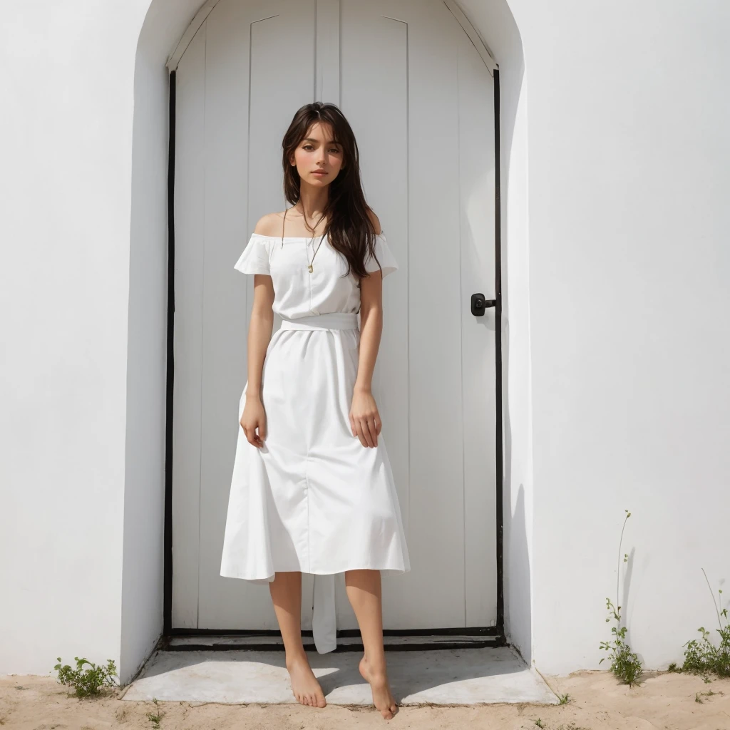 a barefoot woman standing in front of a white wall<lora:Pastoral_v4-000030:1> pastorallife
