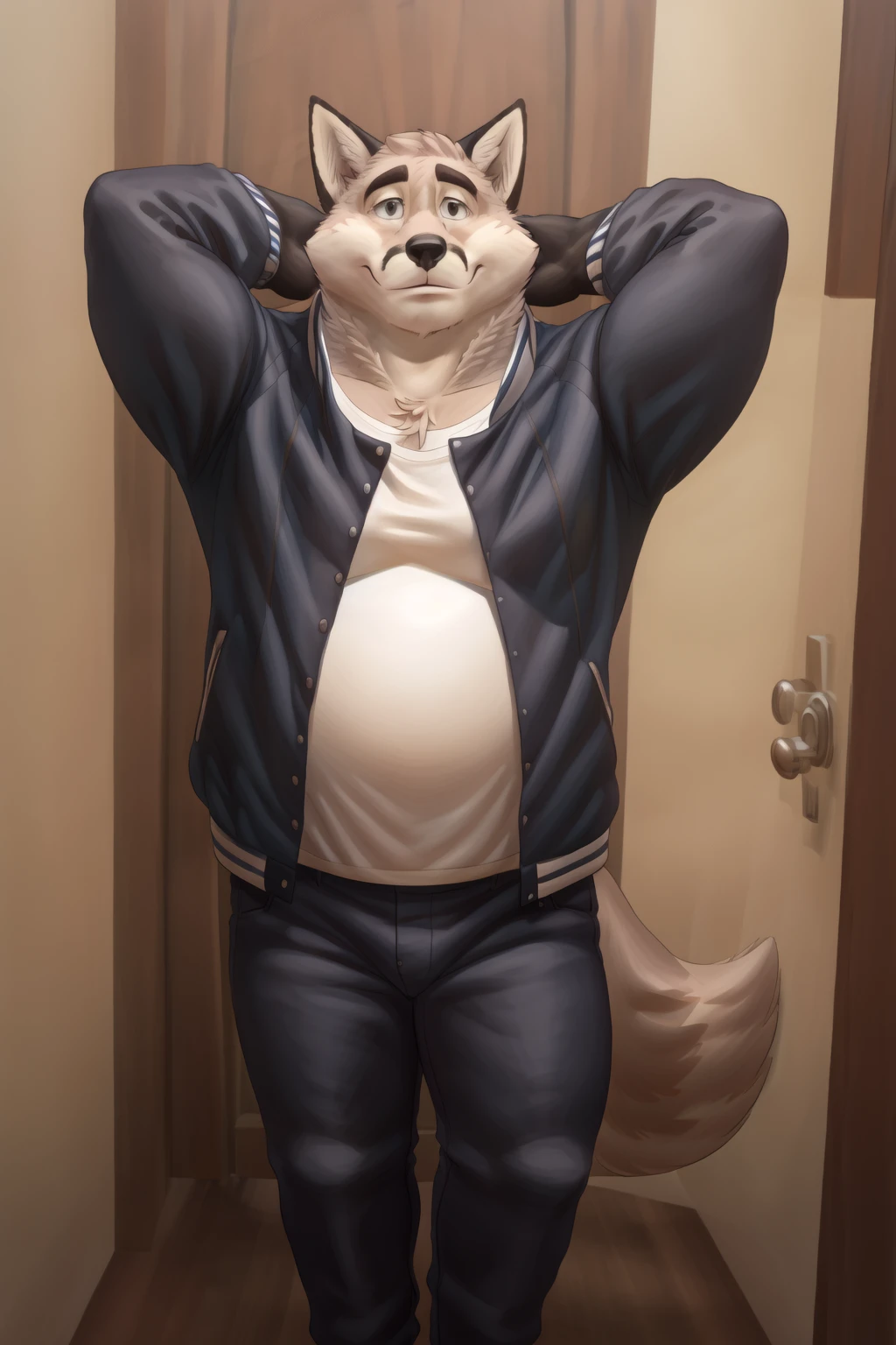 <lora:eddy-09:1>, eddychopro, tail, chubby, overweight, fox tail, black eyes, (pinup), (pose), (soft shading), 4k, hi res, ((detailed face)), by zackarry911, by zaush, (by personalami:0.5), shirt, 1boy, jacket, white shirt, open clothes, pants, open jacket, feet out of frame, black pants, denim, arm behind head, door