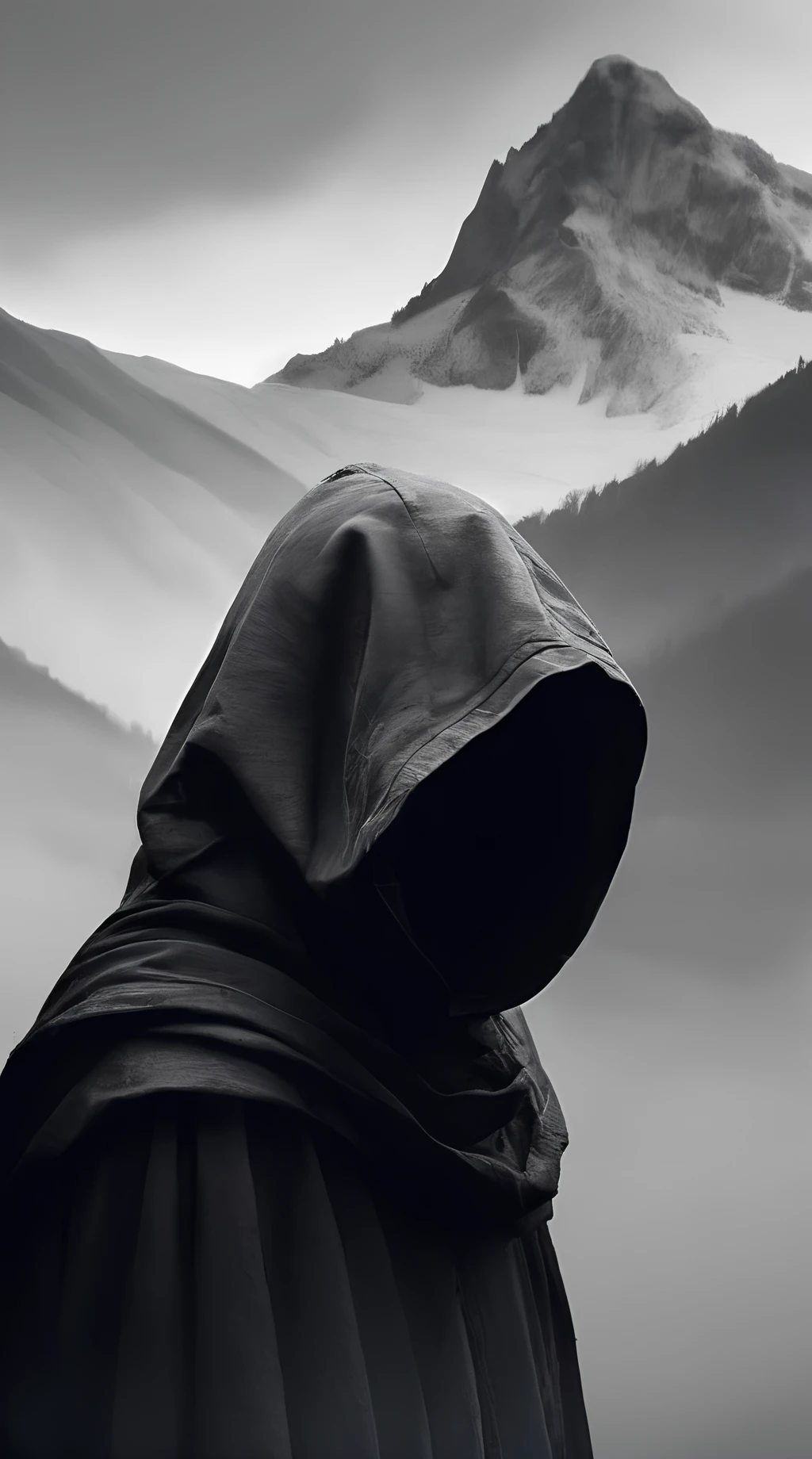 ,wwm,solo,monochrome,hood,greyscale,no eyes,faceless,simple background,male focus,1boy,cloak,grey background,hood up,upper body,shaded face,mountain,scenery,<lora:beij528:0.7>