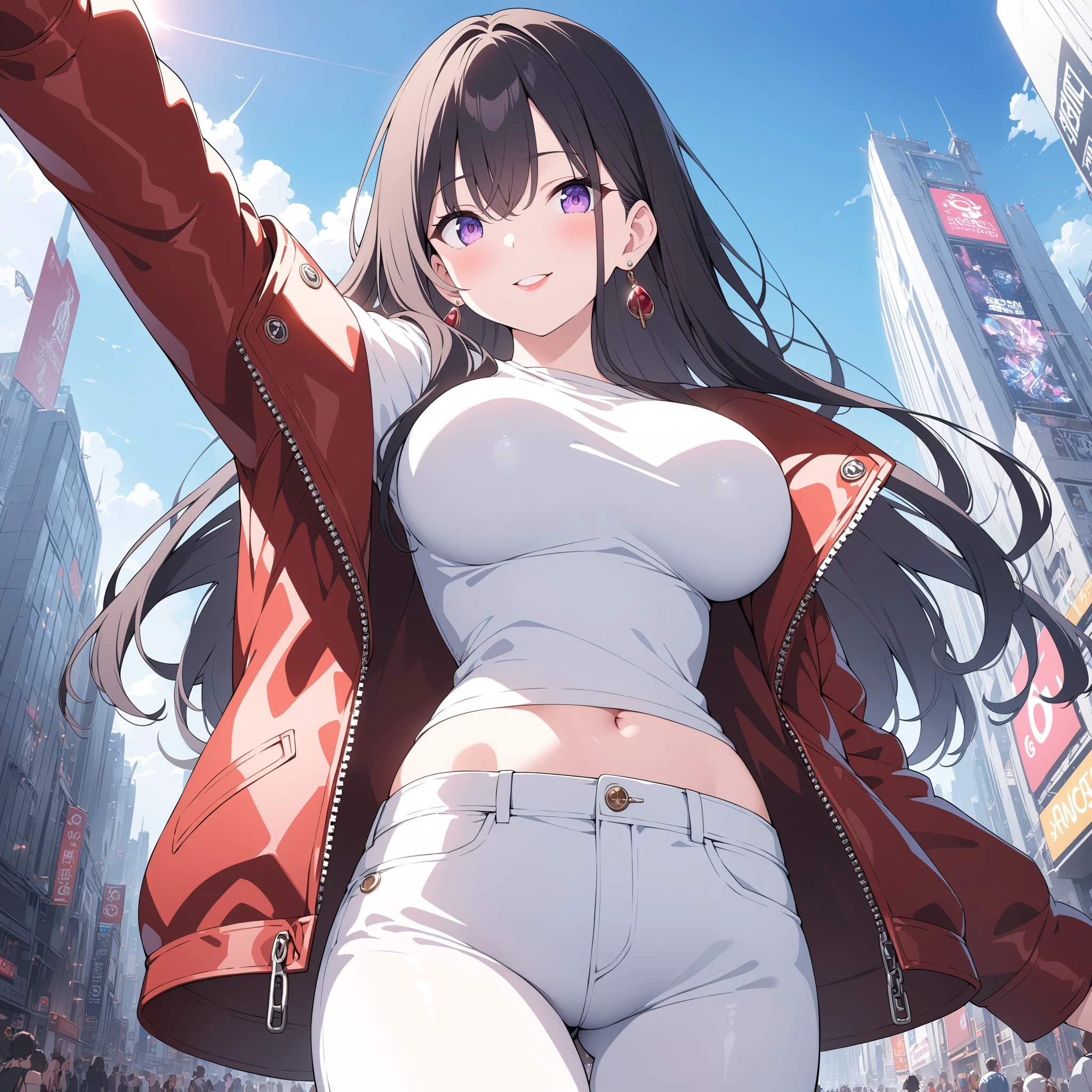 《masterpiece》, 《best quality》, 《ultra-detailed》, ((very high quality and very detailed quality, high lighting)),  ((very high detail 8k, hyper-realistic lighting and detailed 4k, extremely detailed anime-style shadow contrast)), expressive eyes, perfect face, pictogram, anime line art: 1.5, (Single),
 Raynare, 1girl, Black straight Hair, Purple eyes, Long Hair, Red lips, Big boobs, white short t-shirt, leather jacket, white jeans, red boots, jewelry, city, day, smiling, earrings, score_9, score_8_up, score_7_up, score_6_up, score_5_up, score_4_up, BREAK source_anime,, <lora:d26c5c44-b597-42d8-8a9f-8b405075a5b9:0.7>