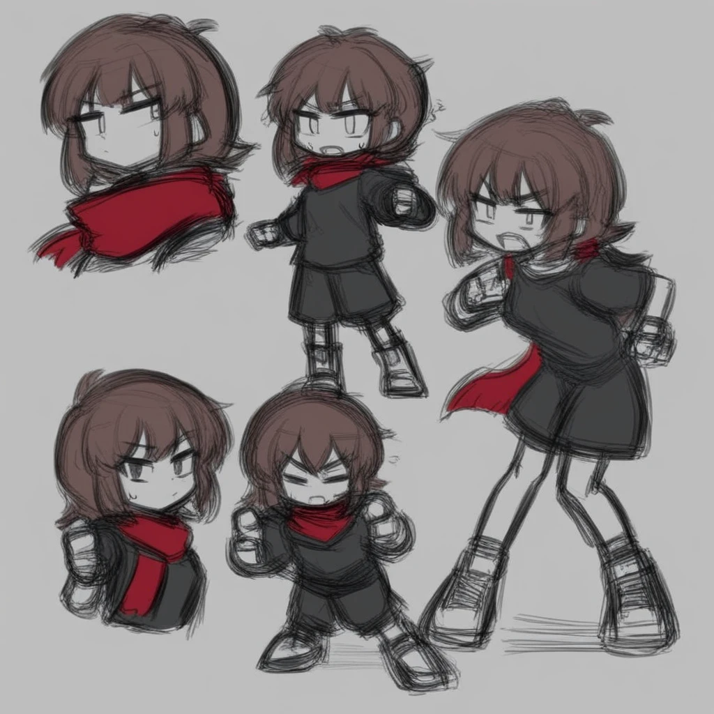 Black sweat shirt, brown hair, red scarf, sketch, simple eyes, dynamic pose