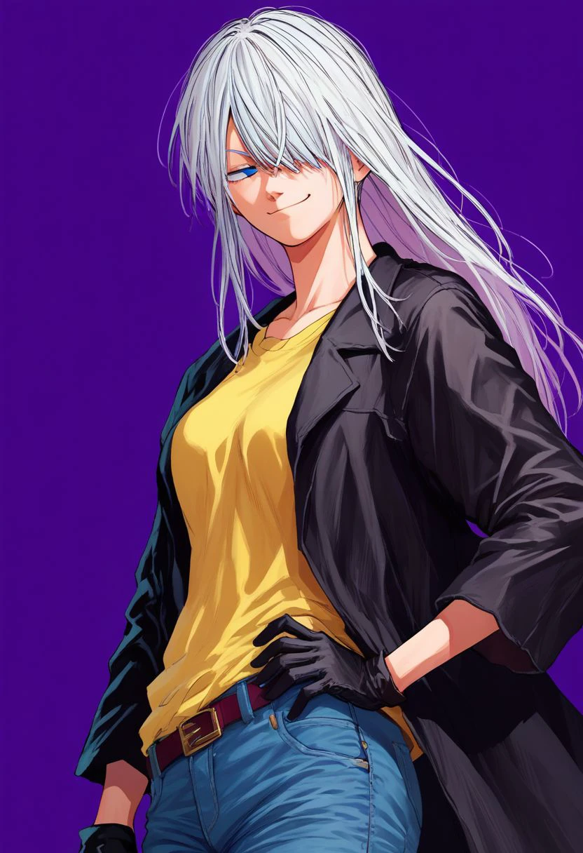 score_9, score_8_up, score_7_up, score_9,4k, HD, 8k, highres, BREAK, Sakamoto Days, Yuto Suzuki, 1girl, teenager, solo, white hair, long hair, long bangs, hair covering left eye, hair down to shoulders, blue eyes, yellow t-shirt, black coat, black gloves, baggy jeans, belt, smirk, half closed eyes, dynamic pose, one hand on hip, other hand down at side, vibrant colors, simple background, purple background,