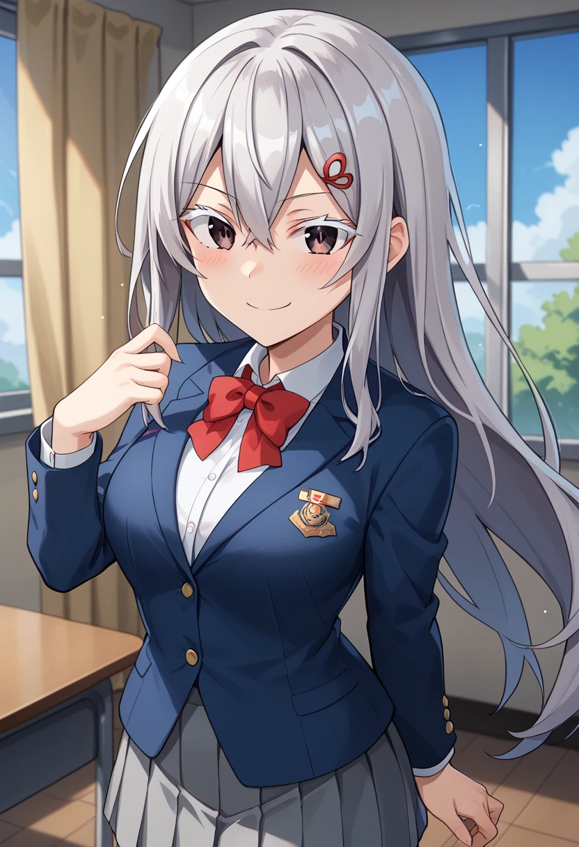 score_9, score_8_up, score_7_up, score_6_up,source_anime, BREAK,  ekhidona, 1girl, grey hair, grey skirt, smile, gradient black eyes, red hairclip, looking at viewer, hair between eyes, school uniform, colored eyelashes, window, blue jacket, pleated skirt, indoors, red bow, long sleeves, white shirt, blush, closed mouth, floating hair, collared shirt, blazer, curtains, red bowtie, breasts, day,   <lora:Echidna_rezero:1>