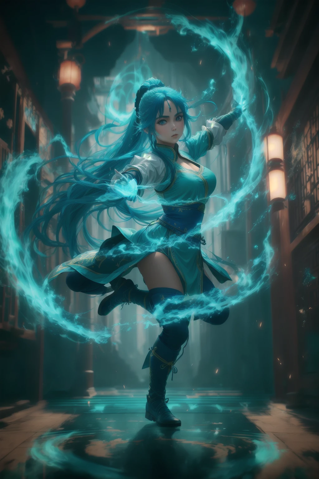 fighting stance,dancing,ancient-costume,cyan-aura,using cyan-magic,cyan-magic,1girl,solo,long hair,blue eyes,<lora:magic_fighting_cyan_512_15:0.8>,