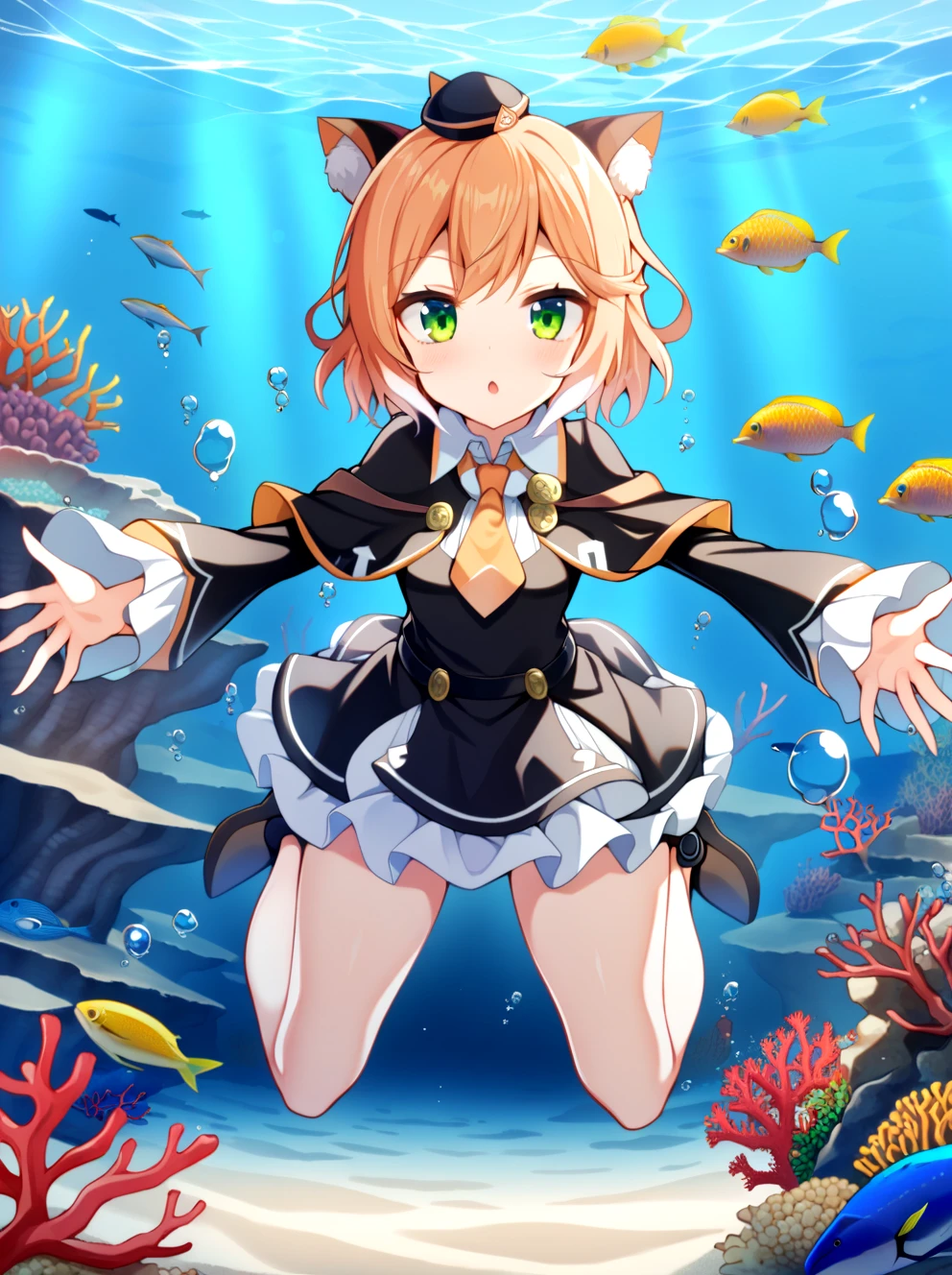 1girl,msakn,green eyes,black dress,full body, spread arms, outstretched arms, masterpiece, best quality, very aesthetic, absurdres underwater, air bubble, bubble, swimming, freediving, sand, coral, coral reef, fish, bottom sand,small hat <lora:sdxl_mousse_arknights:1>
