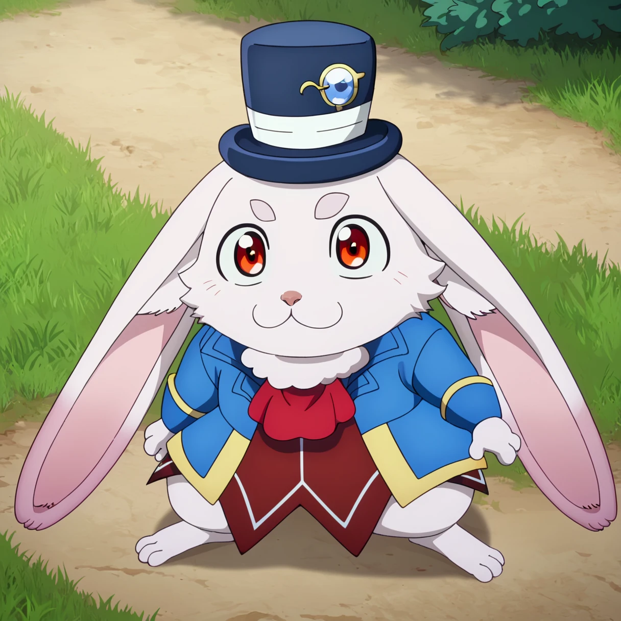 score_9, , <lora:Emul:1> emul,1boy, :3, animal ears, emul, furry, furry male, grass, hat, looking at viewer, no humans, outdoors, parody, rabbit, red eyes, solo, top hat