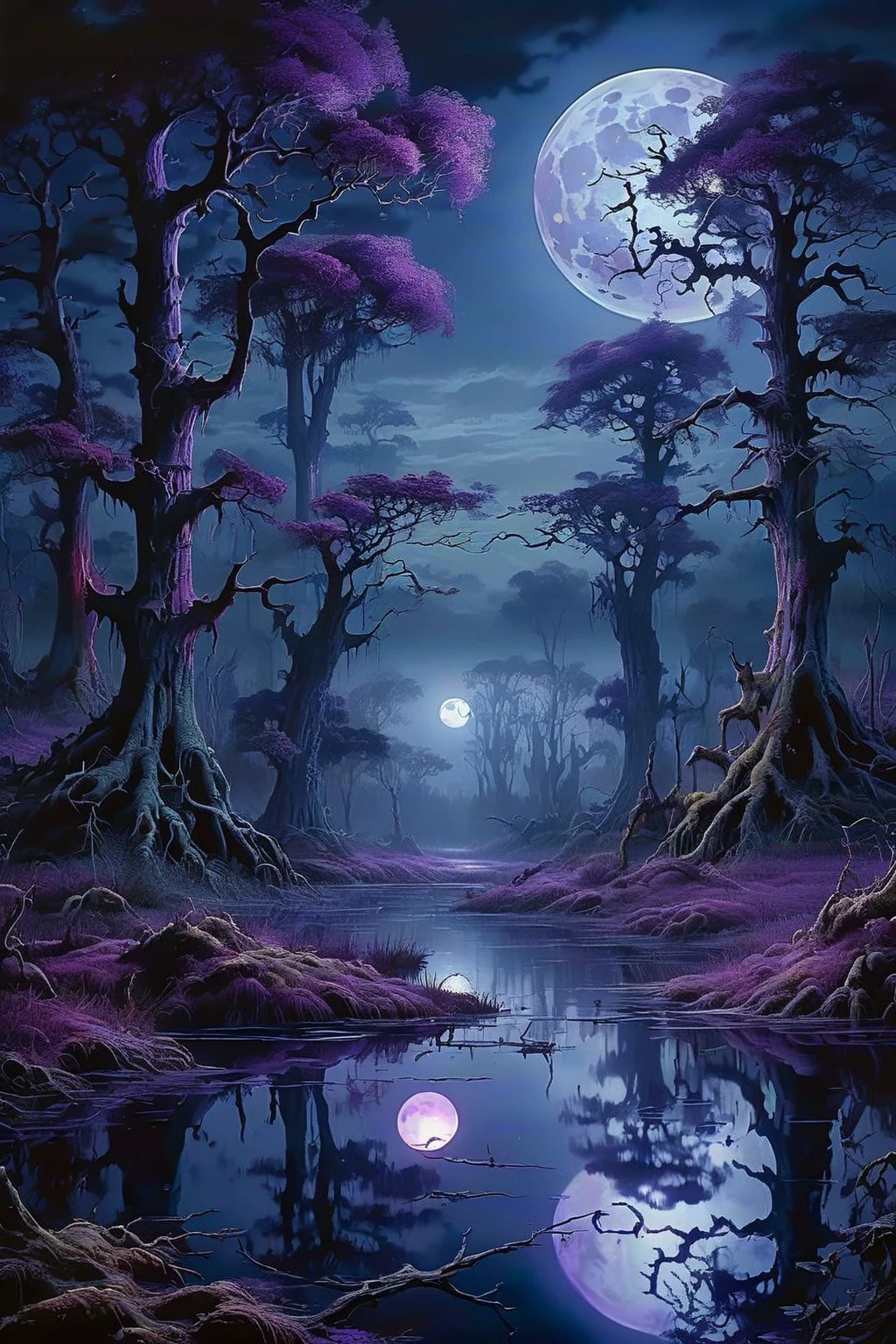 landscape of a swamp at night, rise of full huge dark purple moon lighting up the scene with eerie blue-purple hues, intricate details of trees and water reflections, fog on background, moody atmosphere
dagobahlnd  <lora:DagobahLnd:0.7>, extremely high quality RAW photograph, detailed background, intricate, exquisite details and textures, highly detailed, ultra detailed photograph, warm lighting, artstation, sharp focus, high resolution, detailed skin, detailed eyes, 8k uhd, dskr, high quality, film grain, Fujifilm XT3