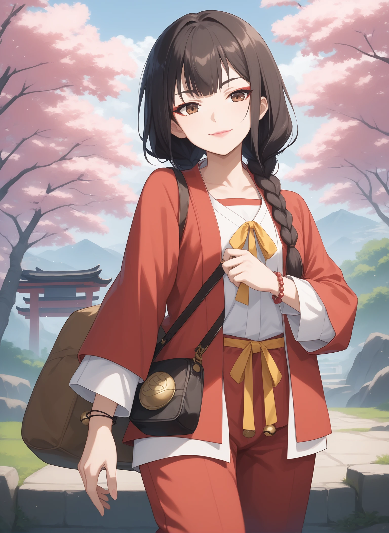 score_9, score_8_up, score_7_up, intricate details, source_anime, intricate details, highly detailed background, perfect lightingbest quality, taoyao, solo, outdoors, day, nature, cherry blossoms, mountainous horizon, black hair, twin braids, blunt bangs, hair over shoulder, very long hair, makeup, brown eyes, hanfu, red jacket, open jacket, neck ribbon, yellow ribbon, white shirt, long sleeves, jingle bell, bracelet, bag, red pants, chinese clothes, traditional clothes, smile, closed mouth, pink lips, <lora:Tao-Yao:0.7>