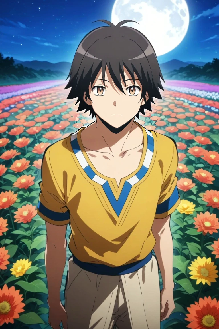 score_9, score_8_up, score_7_up, source_anime, rating_safe, intricate details, , looking at viewer, , 1boy, solo, male focus, <lora:yuuma_isogai_pony:0.98>, yuuma_isogai, black hair, brown eyes, short hair, from above, flower field, flowers, night, full moon, standing, relaxed, egyptian costume, <lora:sdxl_lightning_8step_lora:1>