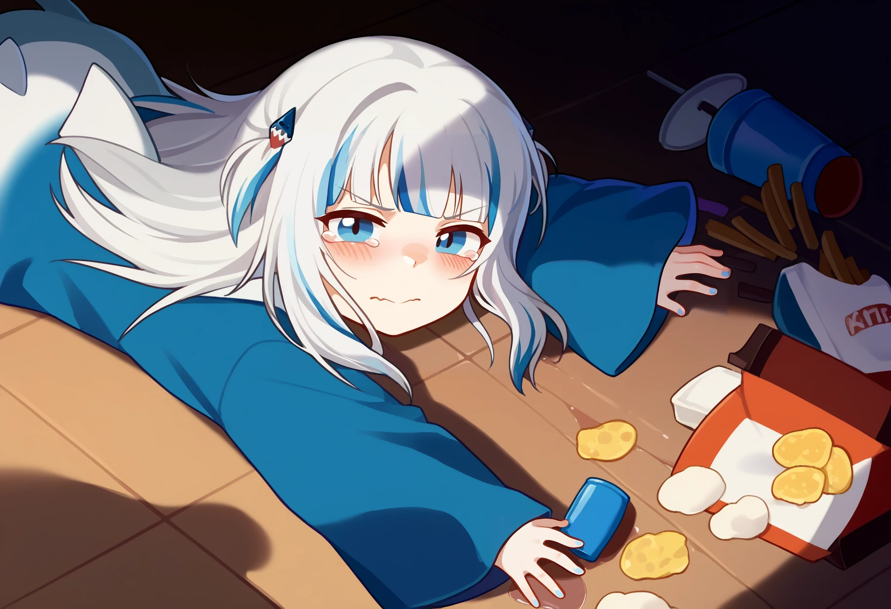 score_9, uncensored, source_anime
BREAK
1girl, pitm, pitvitm, spill, blue eyes, multicolored hair, streaked hair, food, grey hair, hair ornament, solo, lying, blue hair, french fries, blush, shark hair ornament, fallen down, on stomach, shark hood, hood, two side up, blue nails, meme, looking at viewer, disposable cup, cup, hoodie, long hair, tail, shadow, closed mouth, animal hood, on floor, blue hoodie, blunt bangs, long sleeves, tears, fins
<lora:antifreez3_pony_v2:1.1>