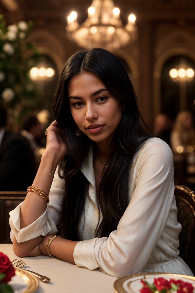(Cinematic Shot:1.3) Tower13_Polina (skinny, slim, slender, narrow waist:1.3) ((Photo Focus, DOF, Aperture, insanely detailed and intricate, character, hypermaximalist, hyper realistic, super detailed, (lens flare))) (sitting in a romantic Restaurant with roses and candles:1.3) (an elegant satin gown:1.3) (smile:1.3) <lora:exposure_control_v10:-0.2> <lora:more_details:0.3>