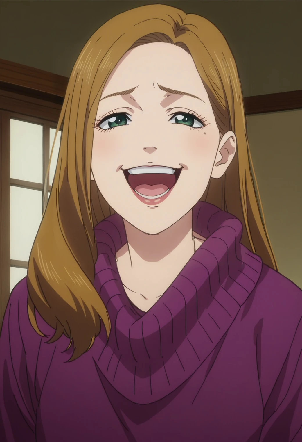 score_9, score_8_up, score_7_up, rating_explicite 1girl, solo, anime screencap, <lora:SatouYouko-10:0.8>satouyouko, green eyes, purple sweater, upper body, laughing,