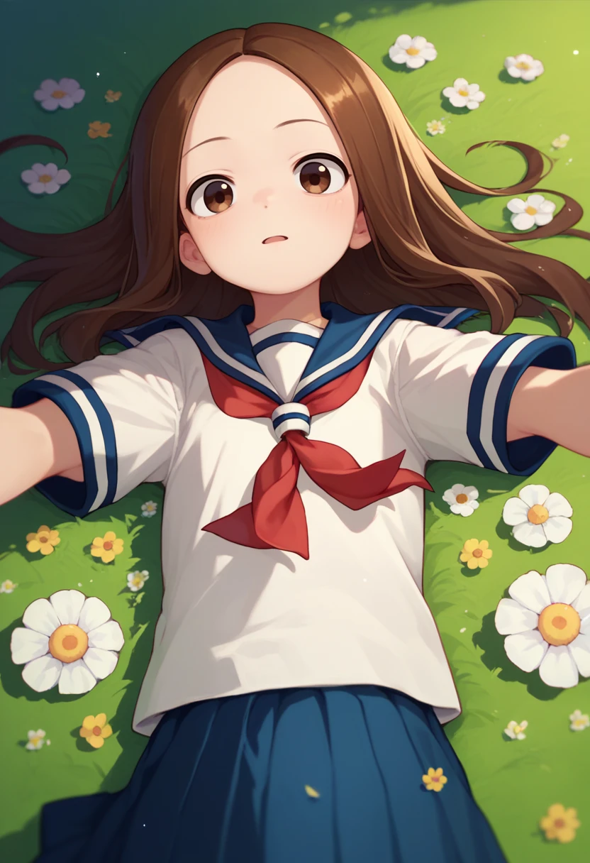 score_9, score_8_up, score_7_up, 1girl, solo, Takagi, brown hair, brown eyes, long hair, white serafuku, red necktie, blue stripes, blue skirt,on back, outstretched arms, flower field, <lora:Takagi-san-000008:1>
