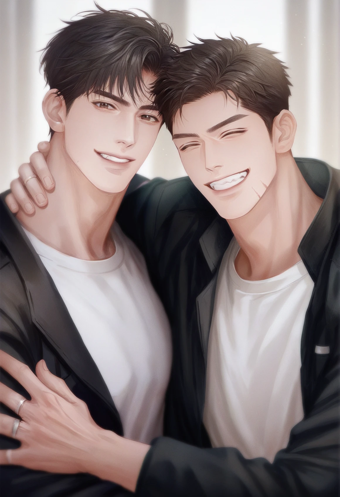 <lora:dong529:0.8>,dong77,smile,multiple boys,jewelry,2boys,black hair,ring,shirt,scar,hug,closed eyes,short hair,white shirt,hug from behind,upper body,scar on face,looking at viewer,jacket,brown eyes,teeth,yaoi,wedding ring,black jacket,grin,couple,brown hair,, score_9,score_8_up,score_7_up,source_anime,