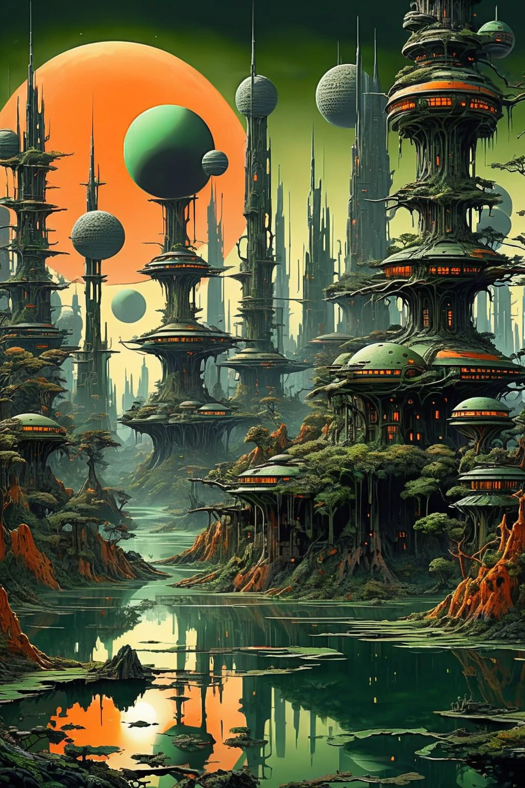 Detailed landscape of exotic forest whis serene lake, a futuristic alien city in the background, sunset sky with dark green palette of colors, intricate details of buildings and nature elements, rise of two big dark orange moons
dagobahlnd  <lora:DagobahLnd:0.7>, extremely high quality RAW photograph, detailed background, intricate, exquisite details and textures, highly detailed, ultra detailed photograph, warm lighting, artstation, sharp focus, high resolution, detailed skin, detailed eyes, 8k uhd, dskr, high quality, film grain, Fujifilm XT3