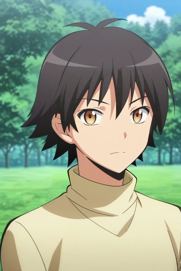 score_9, score_8_up, score_7_up, source_anime, rating_safe, intricate details, anime screencap, , official style, looking at viewer, depth of field, 1boy, solo, male focus, <lora:yuuma_isogai_pony:0.88>, yuuma_isogai, black hair, brown eyes, short hair, symmetry, forest, day, clouds, arms at sides, distracted, aloof, oblivious, turtleneck,, <lora:sdxl_lightning_8step_lora:1>