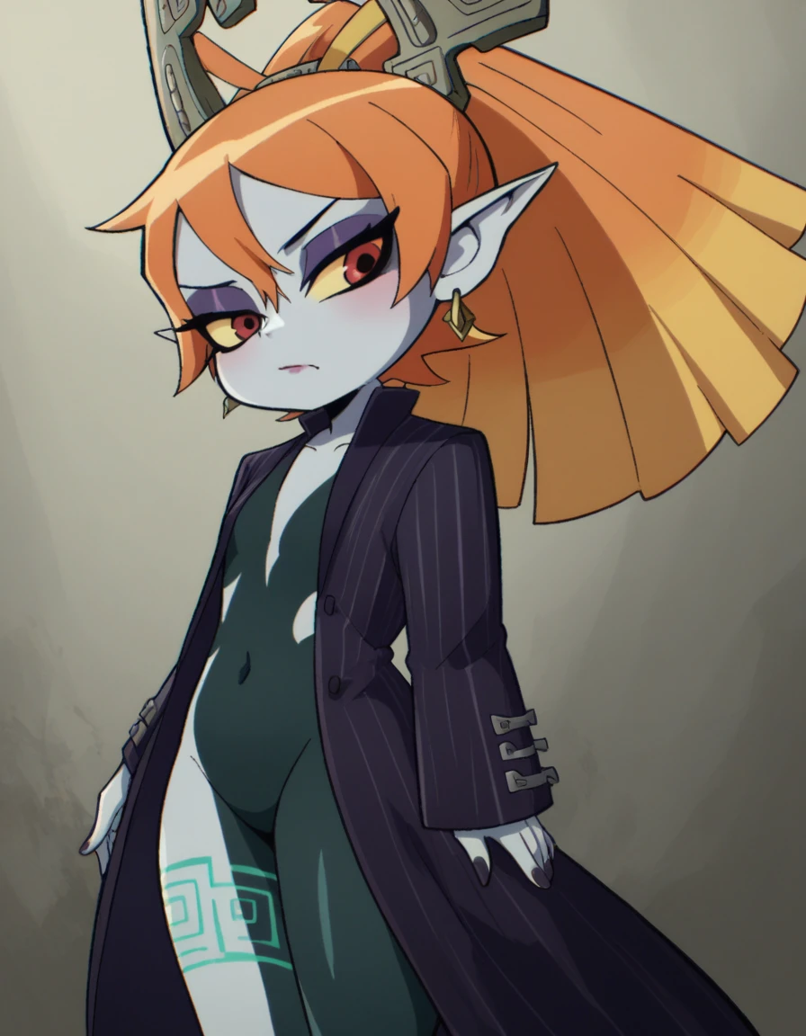 zPDXL, score_9, score_8_up, score_7_up, source_anime, 8k, absurdres,
1girl, solo, Midna \(imp\), black skin, green skin, two-toned skin, orange hair, shortstack, flat chest, gothic maiden wearing Gothic aristocrat ensemble with a black velvet coat, brocade vest, pinstripe trousers, lace-up boots, Deep plum lipstick, intense black eyeshadow with purple undertones, bold eyeliner, pale skin, dark nail polish, upper body, portrait, <lora:ScottP-v2-1:0.8> scottp