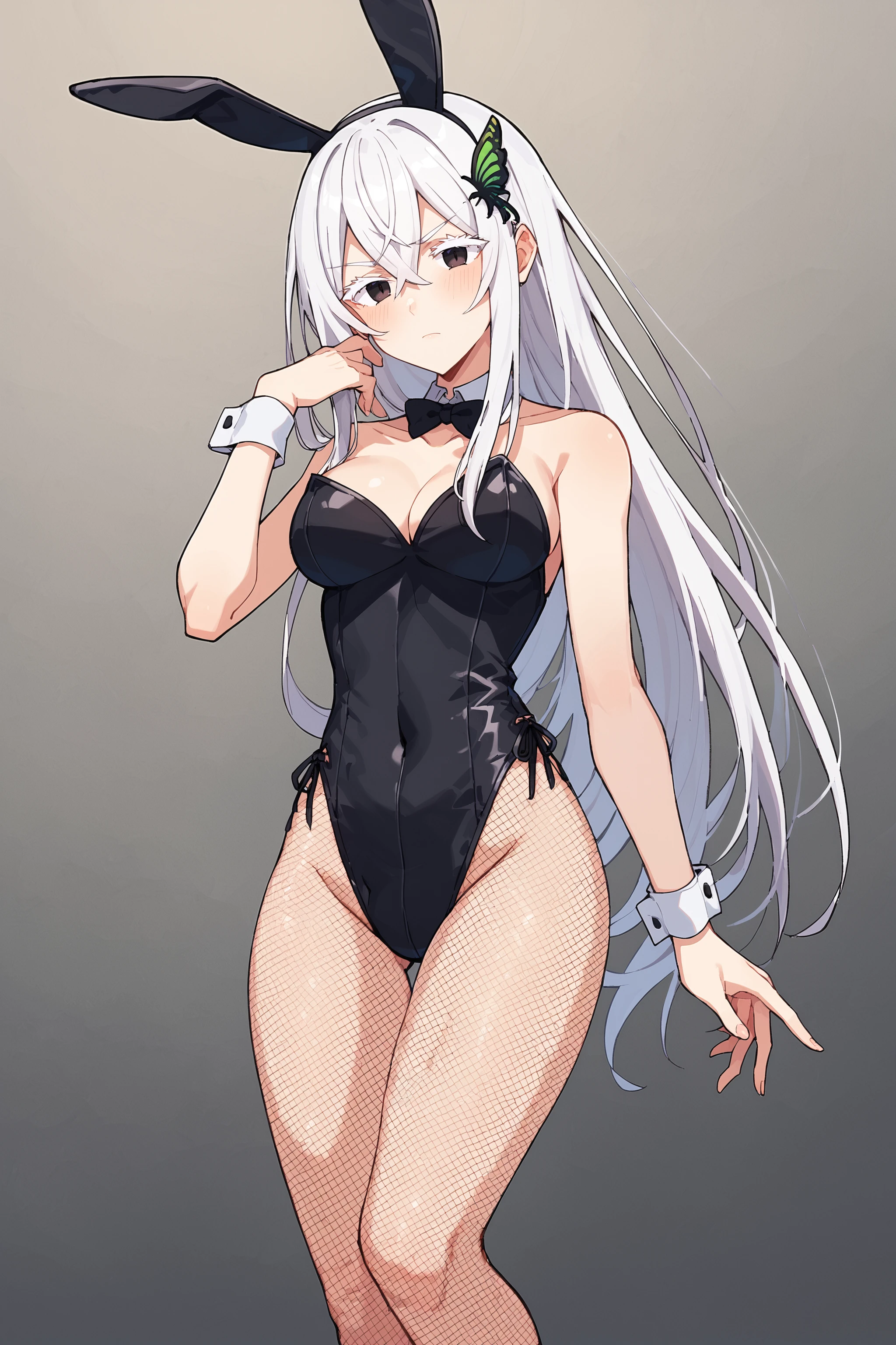 score_9, score_8_up, score_7_up, score_6_up,source_anime, BREAK, ekhidona, white hair, gradient black eyes, butterfly hair ornament, hair between eyes, long hair, colored eyelashes, fishnet pantyhose,fishnet bodystocking, playboy bunny, black leotard, bunny ears, <lora:Echidna_rezero:1>