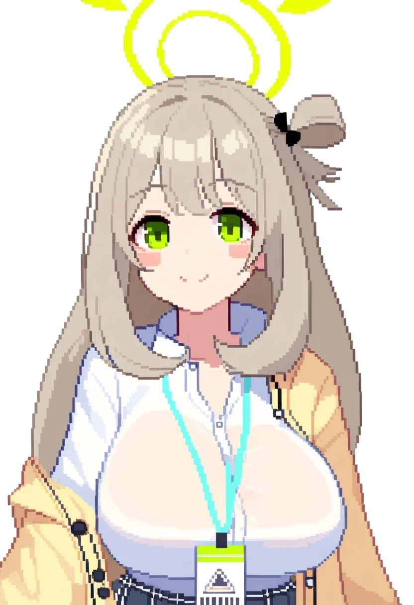 masterpiece,best quality,very aesthetic,absurdres,<lora:pixel_art_v1:1>,, 1girl, black_skirt, blush_stickers, breasts, closed_mouth, collared_shirt, green_eyes, green_halo, halo, id_card, jacket, large_breasts, light_brown_hair, long_hair, looking_at_viewer, nonomi_\(blue_archive\), open_clothes, open_jacket, pixel_art, shirt, simple_background, skirt, smile, solo, upper_body, white_background, white_shirt, yellow_jacket