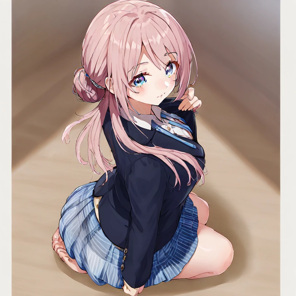 skirt, hair bun, hair ornament, eyebrows visible through hair, solo, ribbon, lace trim, blue eyes, :o, 1girl, black jacket, collared shirt, full body, lace, jewelry, blue skirt