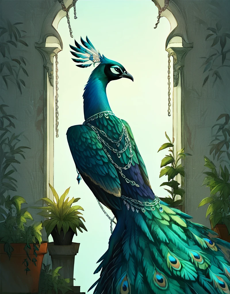 score_9, score_8_up, score_7_up, score_6_up, score_5_up, score_4_up, 
peacock, no humans, solo, plant, jewelry, bird, necklace, feathers, chain
, <lora:peacock_pony:0.8>