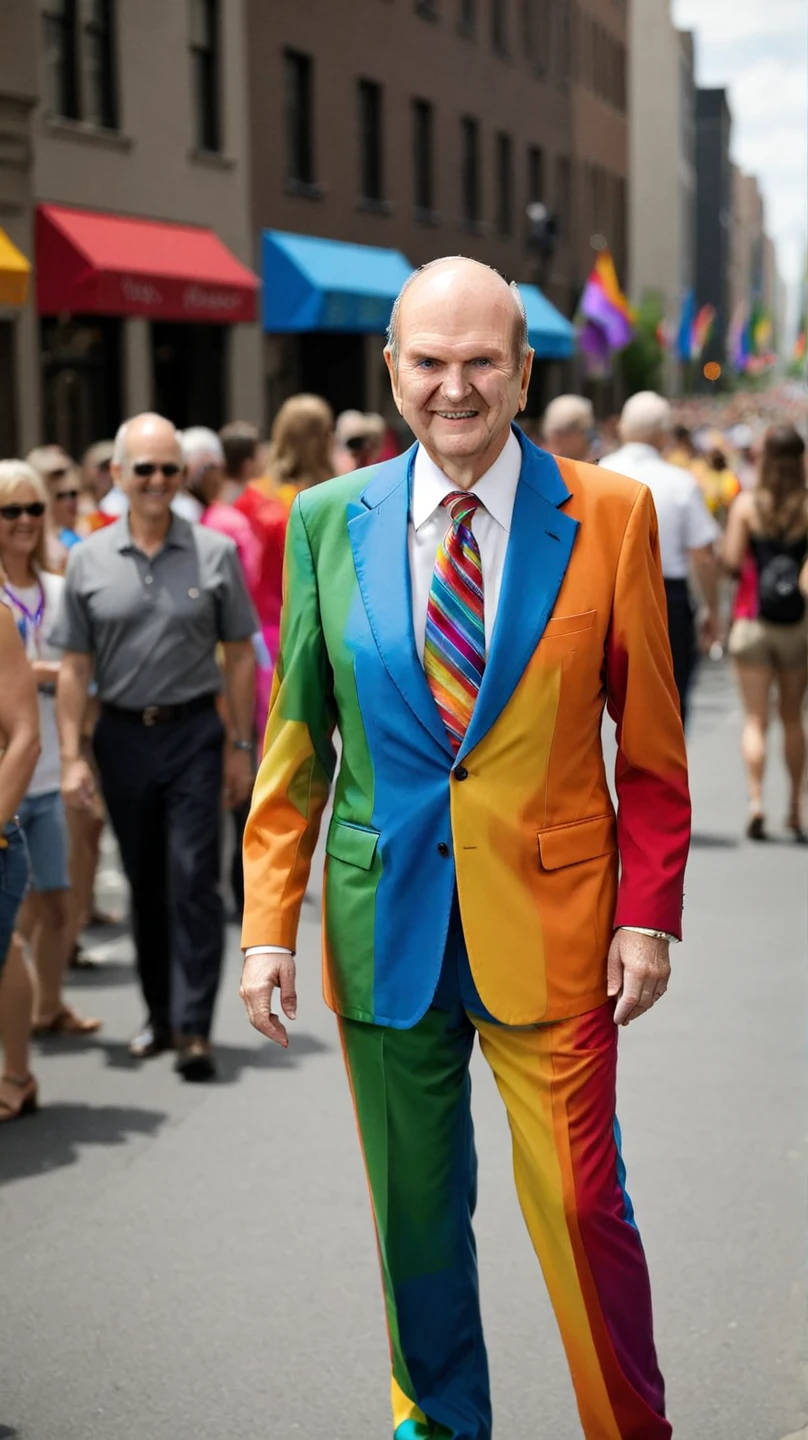 <lora:Russell_M_Nelson:1> RussellMNeilson, RussellMNeilson wearing a rainbow suit, at a gay pride parade