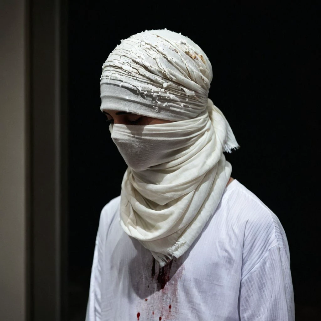 a person wearing a white head covering standing in the background, Abdullah Gërguri, promotional image, an album cover, net art man,archive,high fashion,pale skin,torn clothes,scuffs clothes, abrasions clothes ,rubs clothes,dark,90x,bad quality,no face,bandage,scarf hide his face,melted clothes,flowing clothes,blood stains on clothes,abstract forms,ice melted,antarctica,furr,<lora:High_Fashion:1>  <lora:badquality_v02:1>, by paul zizka, furry, elegant, crystallized, dark, ambient lighting, night time, CCTV