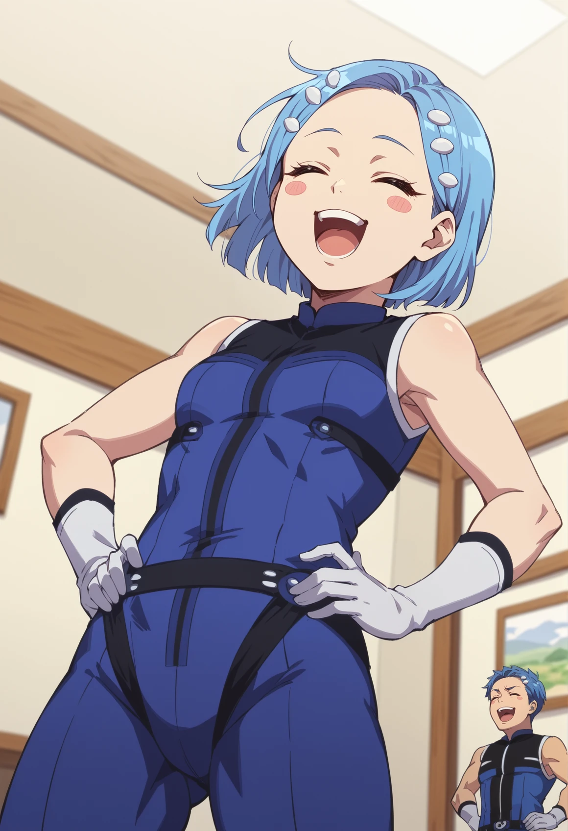 1girl, solo, blush stickers, blue hair, short hair, blue eyes, hair ornament, bodysuit, sleeveless, belt, white gloves, boots, standing, indoors, living room, hands on own hip, open mouth, laughing, closed eyes, from below  <lora:Komachi_Loser_Ranger:1>, score_9, score_8_up, score_7_up, score_6_up, score_5_up, score_4_up, (m-da s-tarou:0), masterpiece