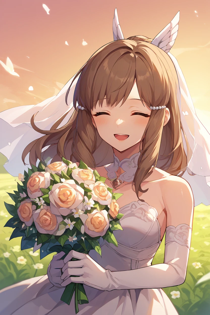 score_9, score_8_up, score_7_up, score_6_up, source_anime BREAK 1girl <lora:fesumia-pdxl-nvwls-v1-000005:1> sumia, brown hair, brown eyes, wing hair ornament, wedding dress, bridal veil, elbow gloves, closed eyes, happy, holding bouquet, field, sunset