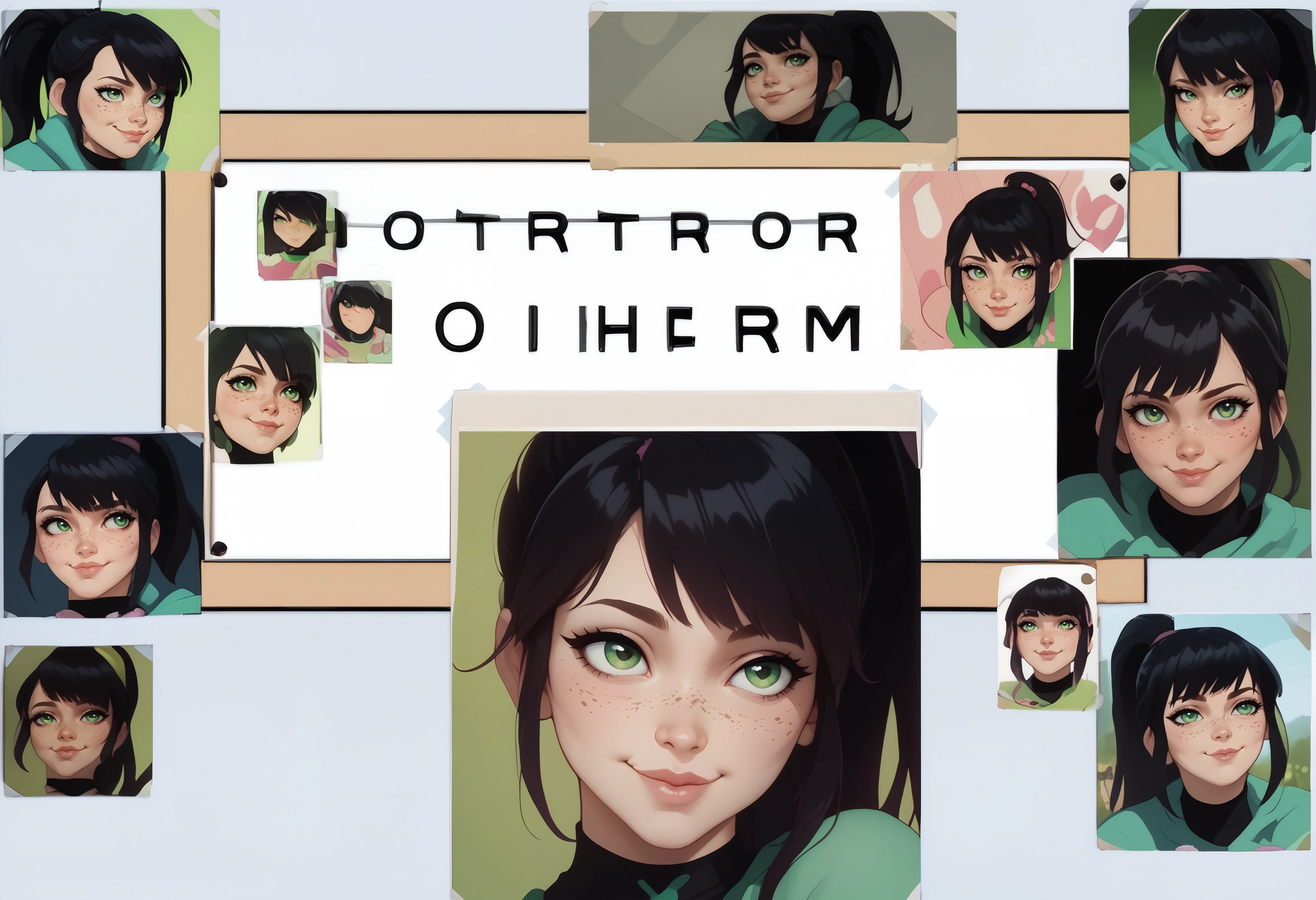 score_9, score_8_up, score_7_up, score_6_up BREAK photo (object), english text, multiple views, poster,difh,cropped,tape,seductive smile,lips,black hair, pink IncursioDipDyedHair, ponytail, bangs, green eyes, freckles, smile,<lora:DIFH:1.3> <lora:DipDyedHairXLPD:0.8>