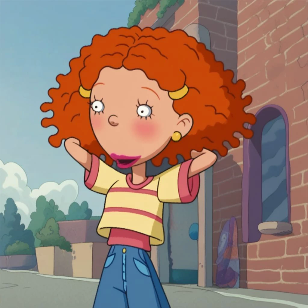 score_9, score_8, score_7, 1girl, ginger, curly hair, red hair, blush, hands behind head, outdoors