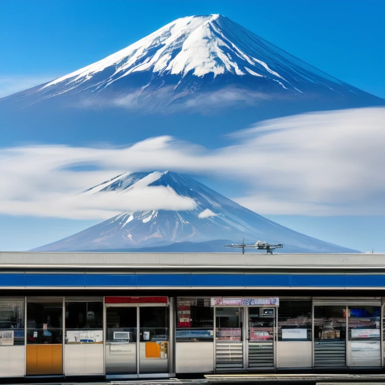 <lora:Blue_Fuji_v1:0.5>,outdoors, sky, day, blue_sky, no_humans, mountain, train_station, mount_fuji, FJLS, Fujiyama, SUN