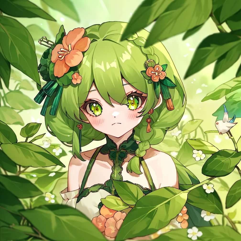 score_9, score_8_up, score_7_up, score_6_up, score_5_up, score_4_up,
CuteStyle,chibike,,
1girl, flower, green eyes, braid, solo, bird, jewelry, hair ornament, flower
,<lora:cute_style_pony_v2:0.8>