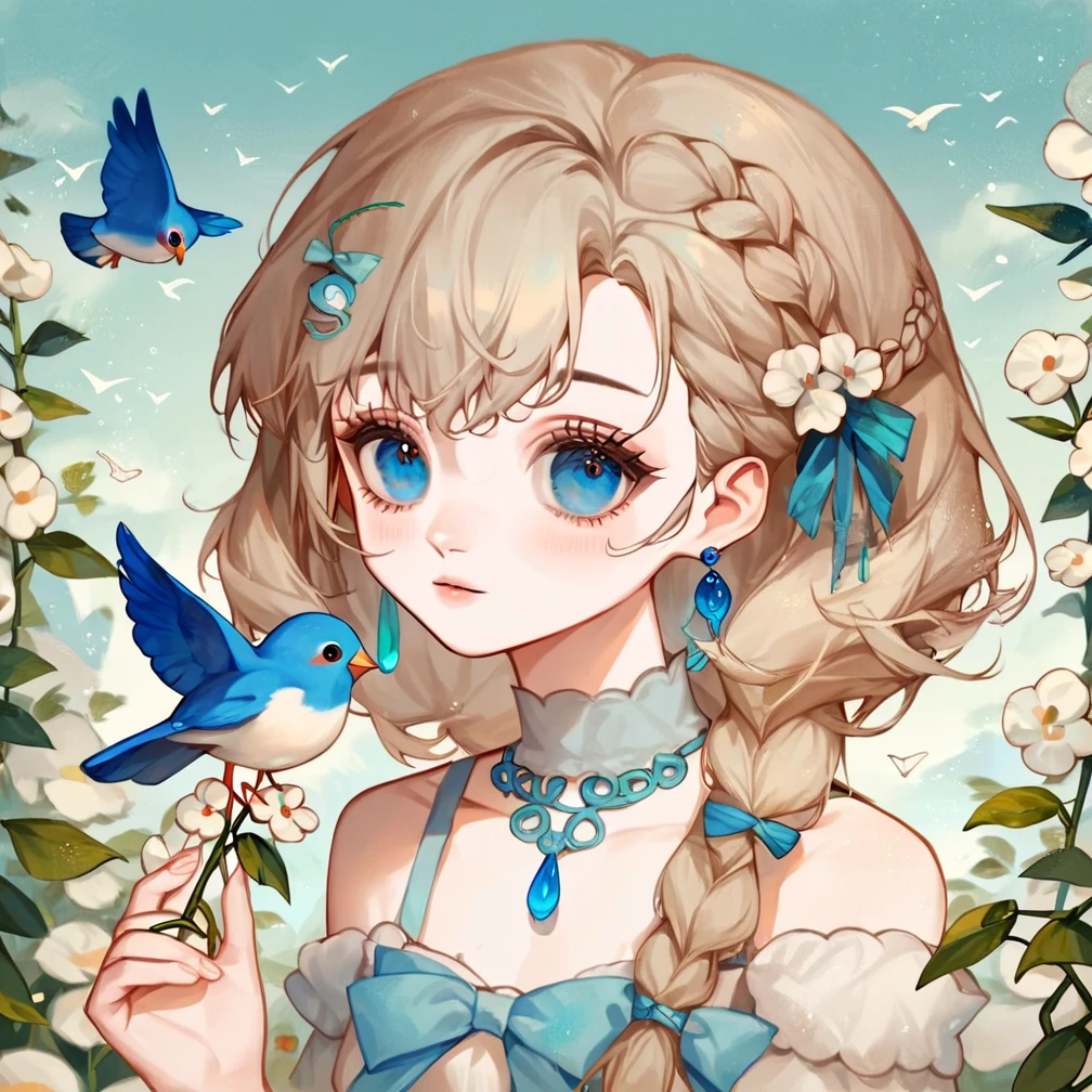 score_9, score_8_up, score_7_up, score_6_up, score_5_up, score_4_up,
CuteStyle,cuteeyes,
1girl, flower, blue eyes, braid, solo, bird, holding, jewelry, earrings, hair ornament, white flower, looking at viewer
,<lora:cute_style_pony_v2:0.8>