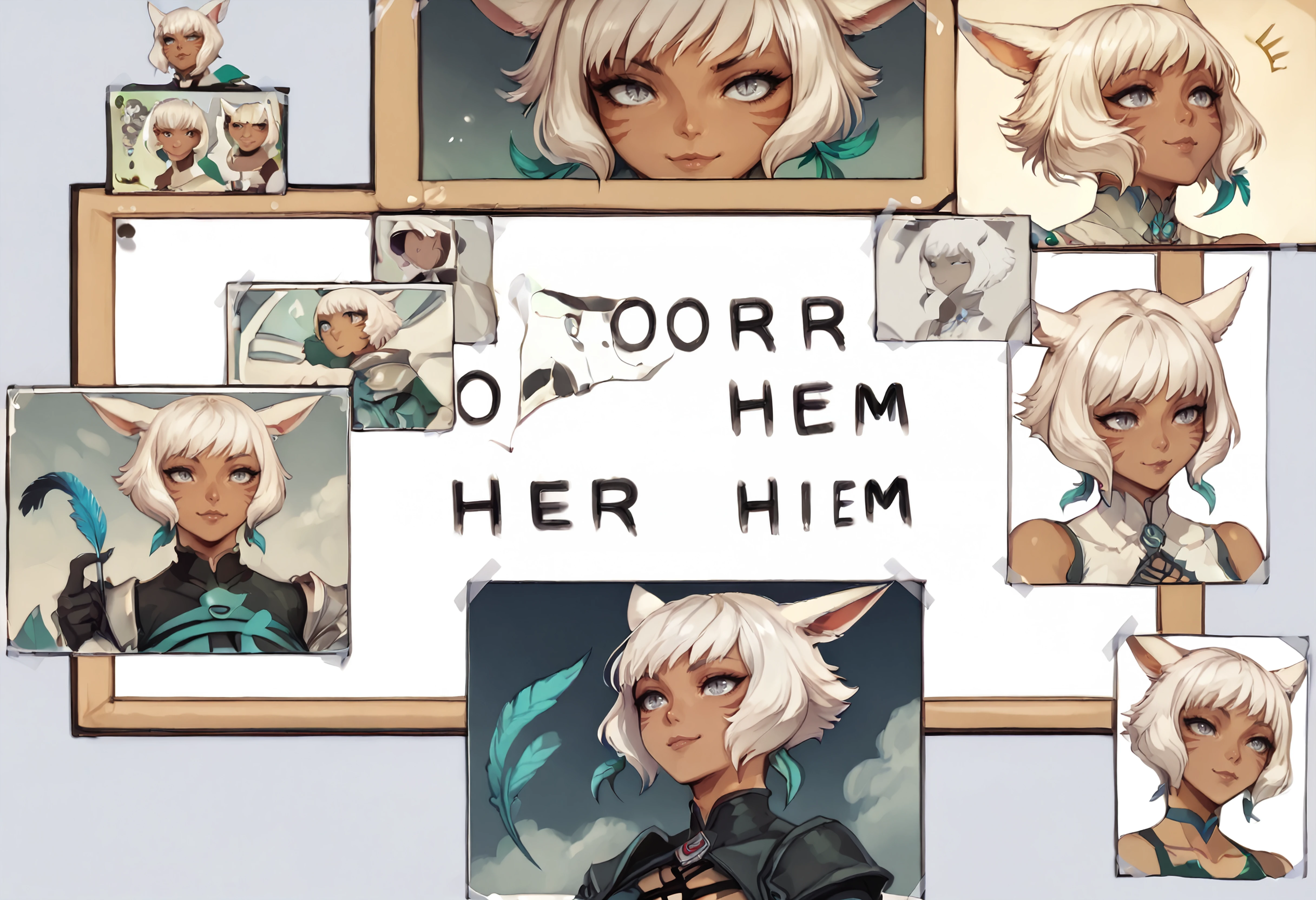 score_9, score_8_up, score_7_up, score_6_up BREAK miqo'te,neck tattoo,dark skin,short hair,white hair,cat tail,cat ears,grey eyes,facial mark,whisker markings,feather hair ornament,photo (object), english text, multiple views, poster,difh,cropped,tape,happy <lora:DIFH:1.2> <lora:yshtolaXL:0.7>