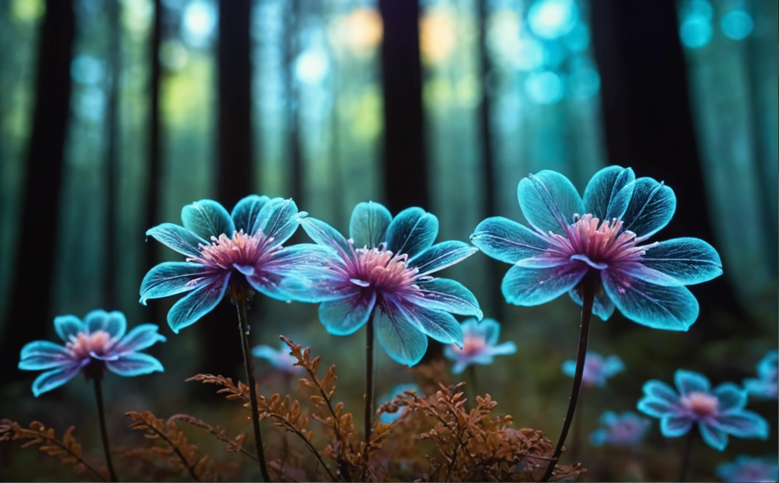 (macro photo), a flowers with a ethereal complex colors,(a mesmerizing bioluminescent forest), colorful