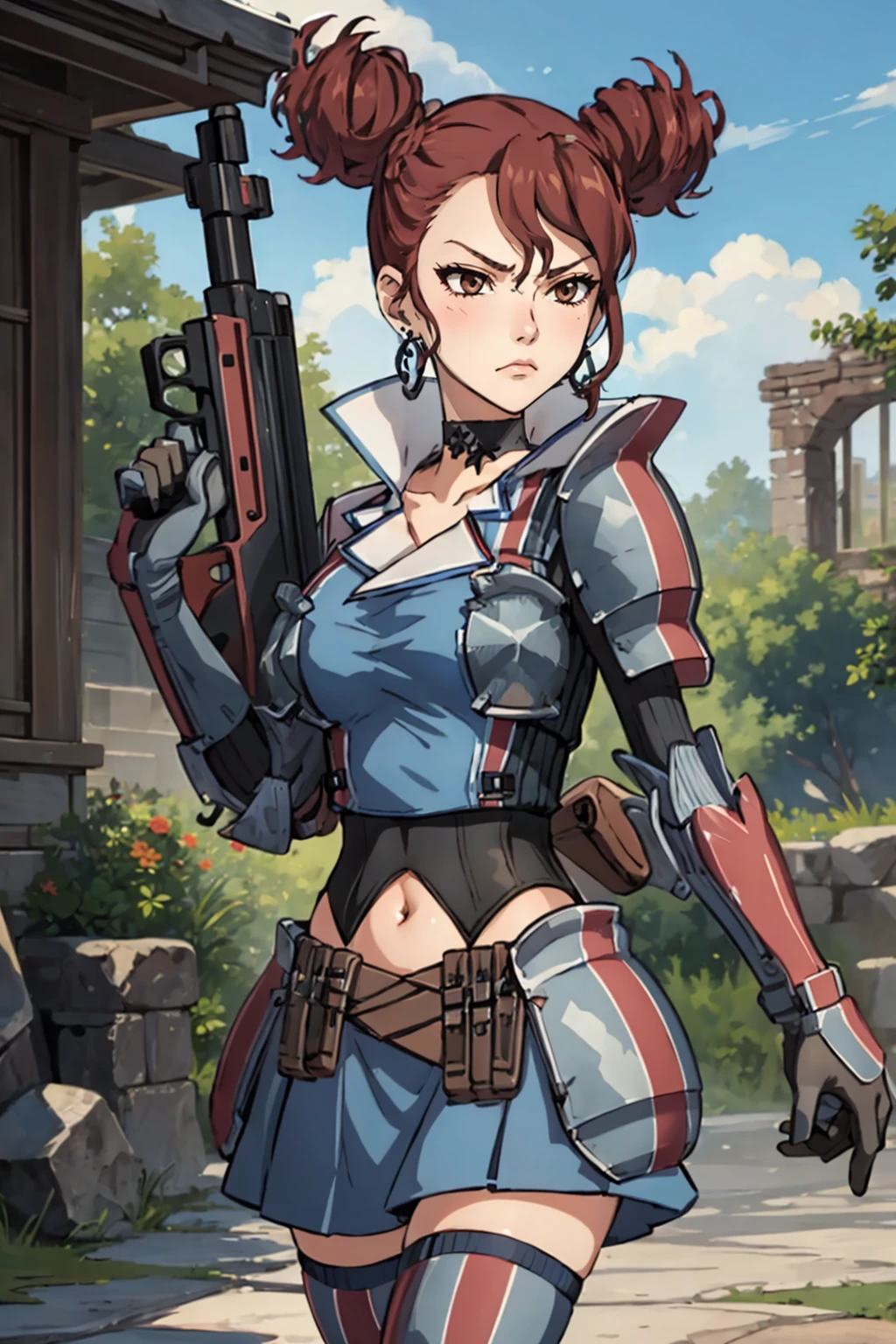 (masterpiece, best quality:1.2), 1girl, cowboy shot, looking to the side, frown, holding gun, <lora:RosieVC:0.9> defRos, double bun, black choker, earrings, blue shirt, large breasts, blue skirt, armor, chest guard, gloves, navel, thighhighs, outdoors, ruins