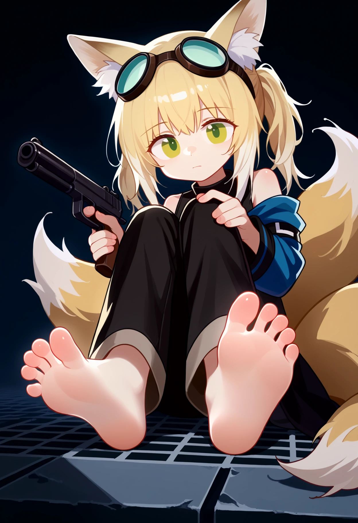 score_9, uncensored, source_anime
BREAK
suzuran \(arknights\), 1girl, solo, long hair, looking at viewer, blonde hair, holding, animal ears, closed mouth, sitting, green eyes, tail, weapon, barefoot, solo focus, pants, official alternate costume, holding weapon, feet, animal ear fluff, gun, fox ears, toes, blood, fox tail, soles, fox girl, goggles, multiple tails, foreshortening, goggles on head, foot focus, crowbar
<lora:antifreez3_pony_v2:1>