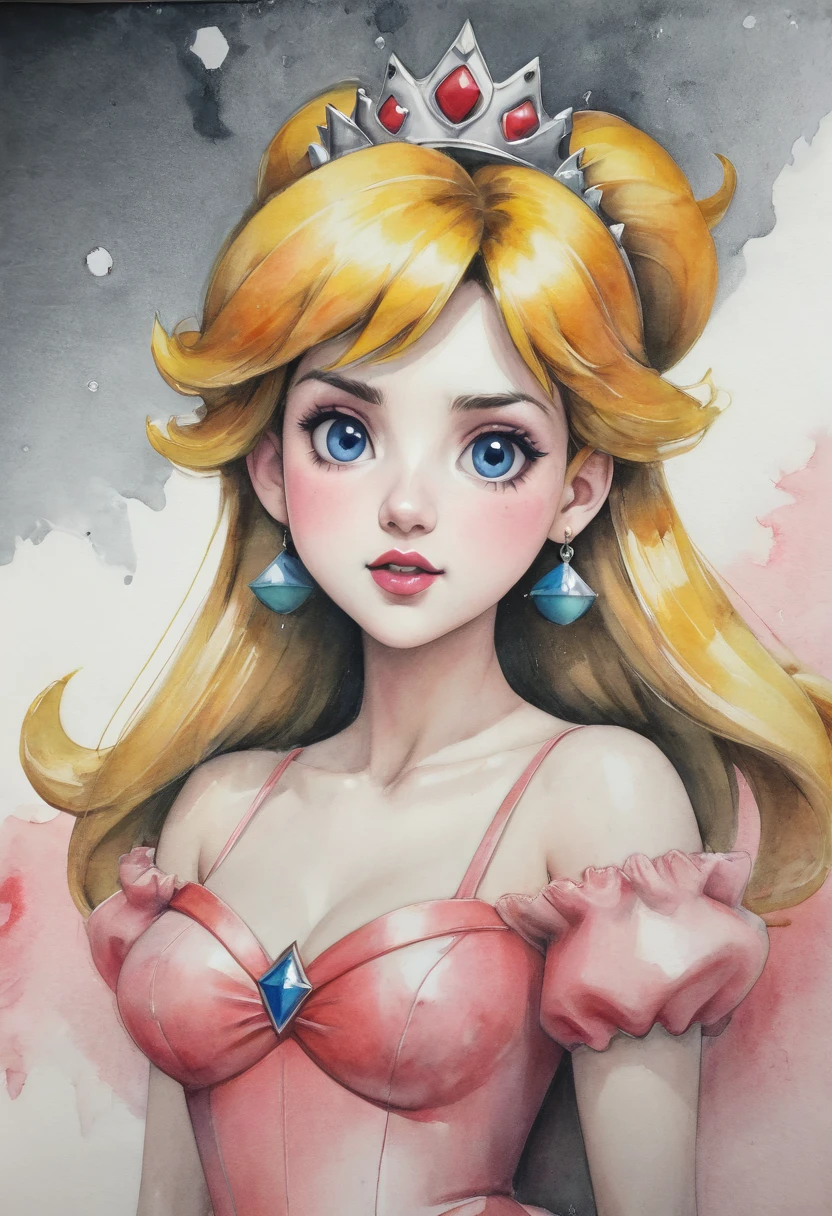 watercolour and graphite mixed media of Princess Peach