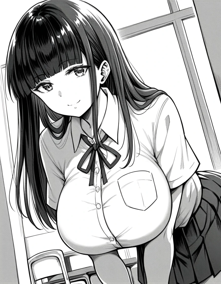 score_9, score_8_up, score_7_up, source_anime,
aksichika, <lora:aks-ichika-manga-ponyxl-lora-nochekaiser:1>,
ichika, long hair, bangs, large breasts, monochrome, greyscale, blunt bangs,
skirt, shirt, ribbon, school uniform, pleated skirt, collared shirt, dress shirt, neck ribbon, shirt tucked in, breast pocket,
indoors, classroom, bent over, smile,
cowboy shot, looking at viewer, solo, dutch angle,