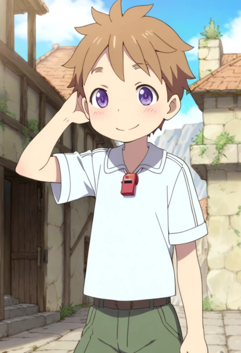 score_9, score_8_up, score_7_up, detailed eyes, BREAK
straight on shot, standing,
 <lora:natPony-000016:0.7>mia_nat, petite, aged down, child,
one boy standing in a stone village.
He has Brown hair and purple eyes. 
He wears a red whistle as a pendant around his neck,close up,
faint smile