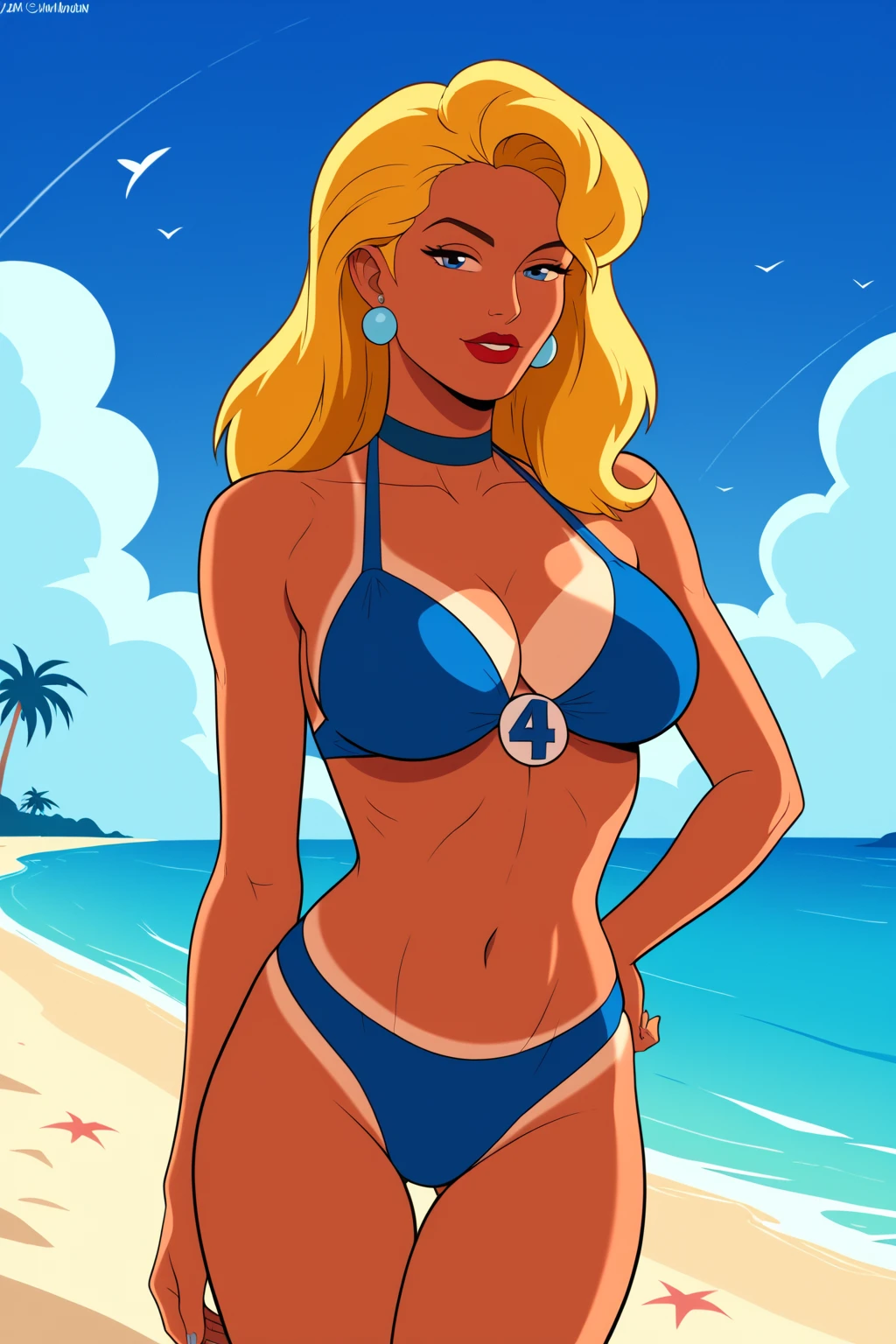 1980s (style), retro artstyle, source_cartoon, score_9, score_8_up, score_7_up, score_6_up, <lora:add-detail-xl:1>, ((zPDXL2)), (perfect anatomy), cowboy shot BREAK <lora:Sue_Storm:1> susan storm, blonde hair, blue eyes, ((solo)), raised eyebrow, flirting, looking at viewer, lipstick, makeup, sunglasses, bikini, tan lines, cleavage, large breasts, curvy, toned, athletic, thigh gap, standing, seductive pose, on beach
