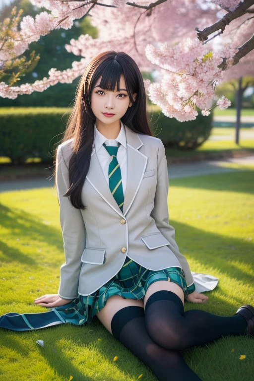 ltra-detailed,highly detailed,best quality,masterpiece,illustration,realistic,photorealistic,
bangdream, school uniform, 
1girl, solo, 
jacket, collared shirt, plaid skirt, pleated skirt, 
long sleeves, necktie, thighhighs, loafers, 
long hair, bangs, 
looking at viewer, sitting, on grass, 
cherry blossoms,  outdoors, tree, flower, blurry background, day, branch, petals, spring \(season\), 
 <lora:bangdream_yq_v1_03:0.6>