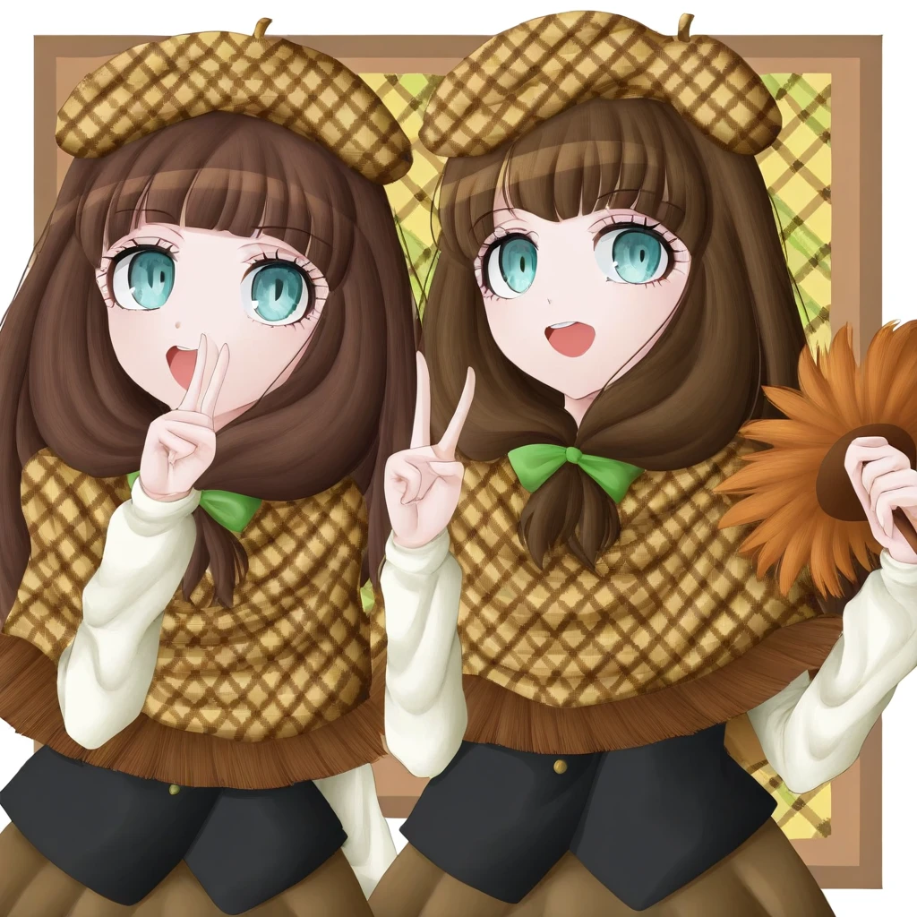 Iroha Nijue, danganronpa, brunette, teal eyes, long hair, sidetails, bangs, hair ribbon, green ribbon, beret, diamond pattern beret, yellow beret, duster, yellow duster, diamond pattern duster, vest, black vest, white sleeves, skirt, brown skirt, smile, open mouth,