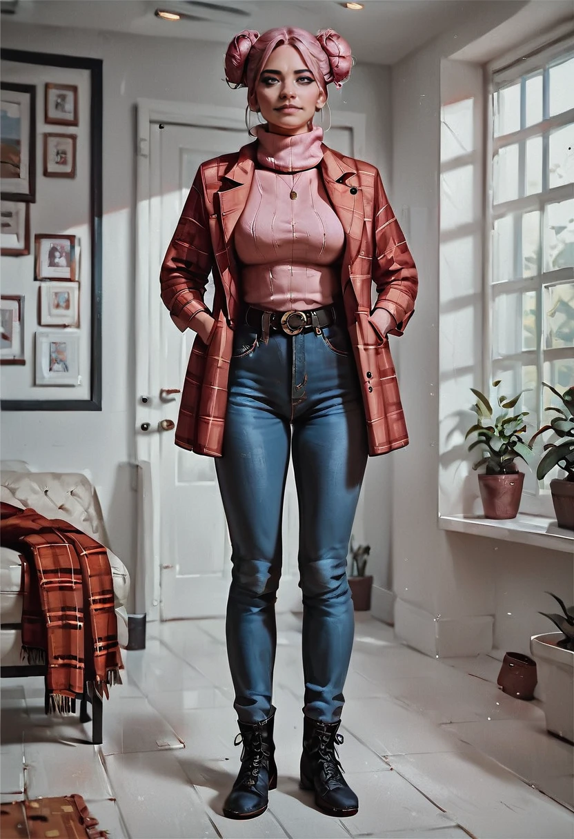 score_9, score_8_up, score_7_up, score_6_up, score_5_up, score_4_up, <lora:RosePXL:1>, 1girl, 25 years, solo, Museum in the background in autumn, Silly, Pink knit sweater with a loose turtleneck, Black skinny jeans with distressed details,Black leather ankle boots, Camel wool coat, Plaid scarf, black leather belt, hands in pockets, full body, realistic, large breasts