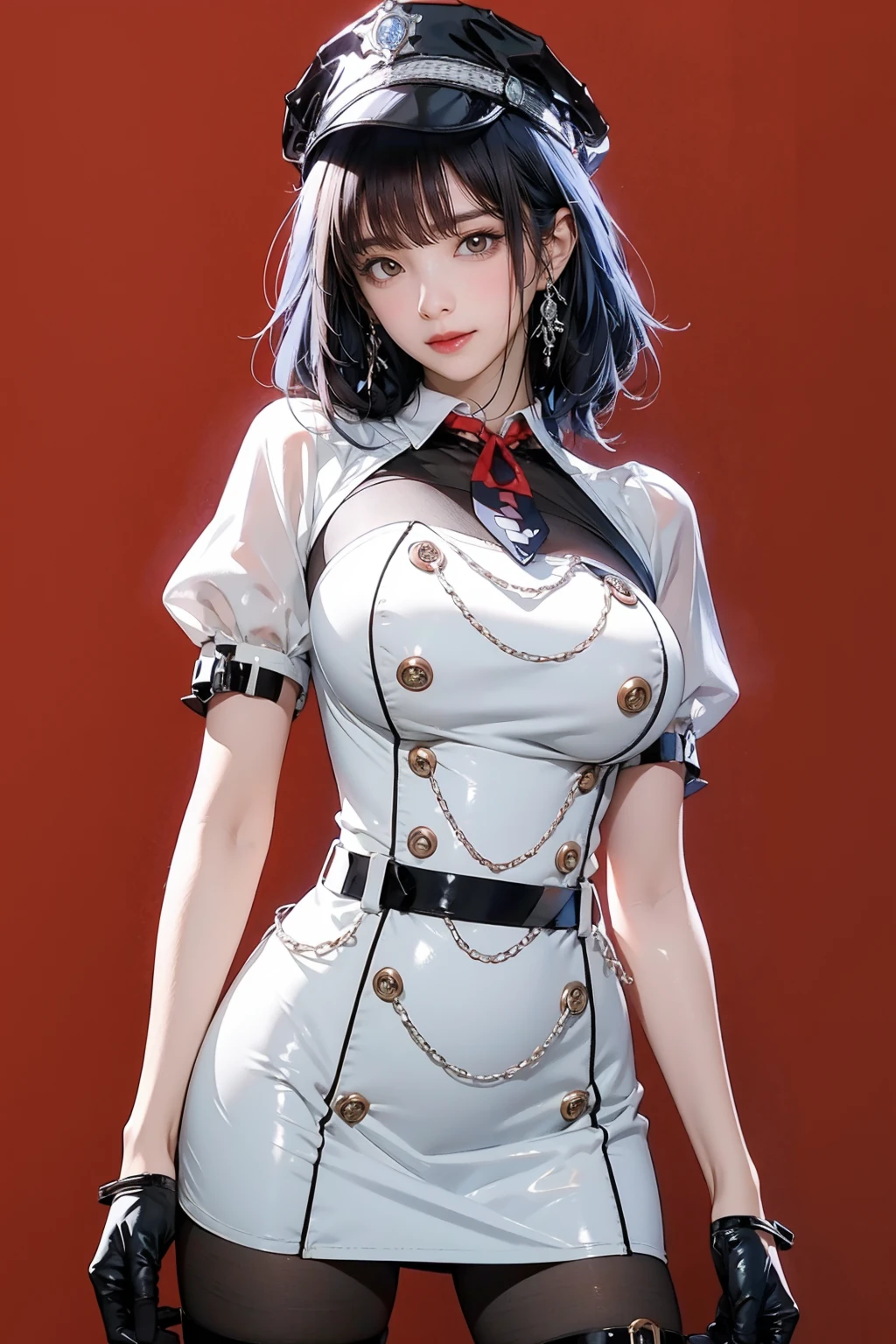 best quality,masterpiece,highres,extremely detailed cg unity 8k wallpaper,red background,1girl,solo,facing viewer,standing,cowboy shot,large breasts,<lora:GoodHands-beta2:1>,<lora:lemon0001-Raiden Shogun Police Officer_v2:0.9>,lemon0001,arm strap,puffy short sleeves,belt,half gloves,buttons,jewelry,thigh strap,white skirt,black pantyhose,