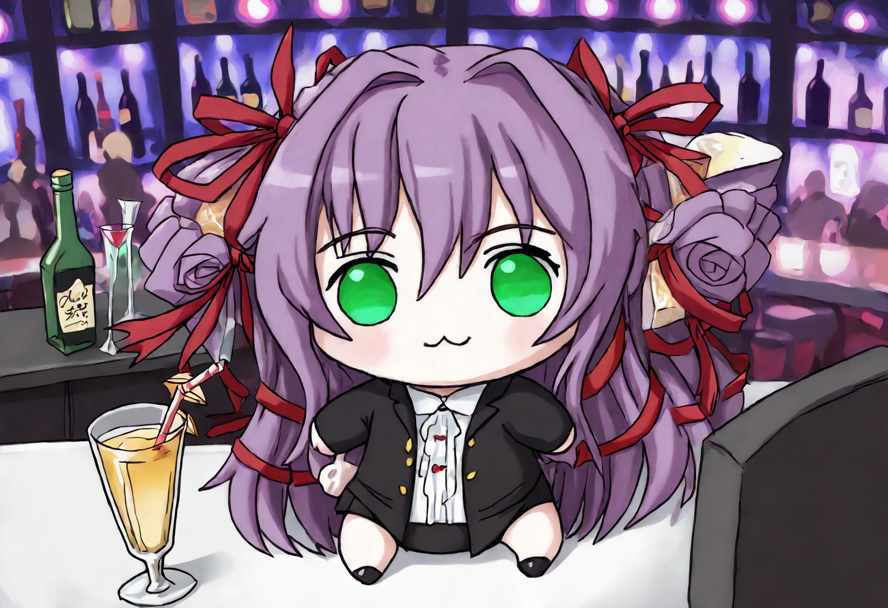 score_9, score_7_up, source_anime, uncensored, zPDXLxxx, <lora:intricate_details:0.5> intricate_details_xl, (glass:1.1), nightclub, drinking straw, bottle, liquor, cocktail glass, depth of field,
<lora:Al_Azif_v1.1:0.95> Azif, al azif, 1girl, solo, default outfit, long hair, red ribbon, hair ribbon, purple hair, green eyes
<lora:Doro_X_PDXL_V1:1> doro, creature, chibi, :3, no humans, four legs, solid circle eyes, no pupils
