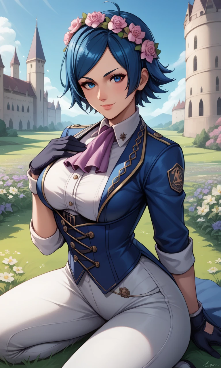 score_9, score_8_up, score_7_up, score_6_up, source_anime, BREAK masterpiece, ElizabethXV,  blue eyes, blue hair, blue jacket,breasts , blue corset, white shirt, ascot, gloves, sleeves rolled up, white pants,  looking at viewer, light smile,  kneeling, head wreath, flowers, castle, sky, grass, hair flower, close-up, hand on own chest,