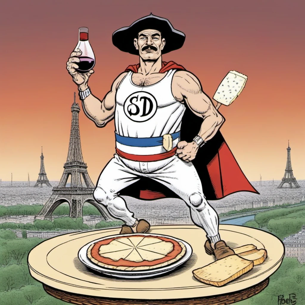 comic a full body man with a hat and a mustache wears a white costume with a cape, having red wine and a plate of french cheese in front of the eiffel tower <lora:SuperDupont1024:0.8> . graphic illustration, comic art, graphic novel art, vibrant, highly detailed
